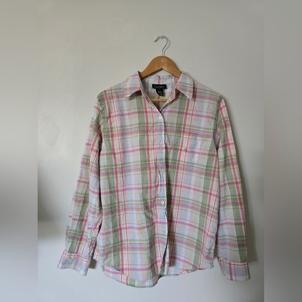 Lauren Ralph Lauren Womens Large Cotton Pastel Easter Button Down Plaid Top